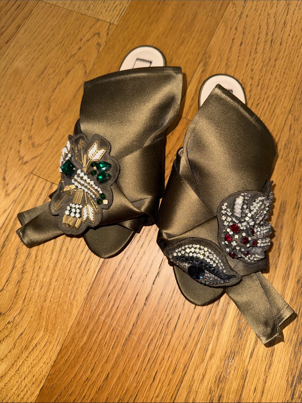 No. 21 Olive Satin Embellished Slide Flats with Crystal Appliqués